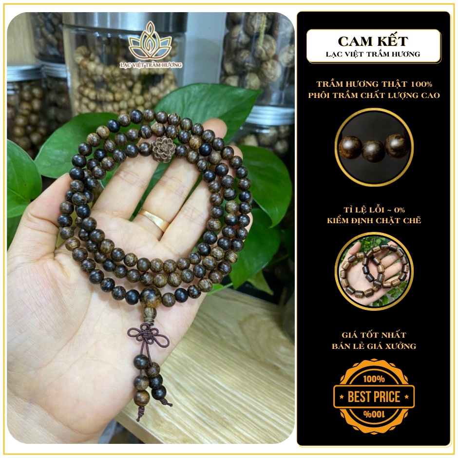 Vòng Tay Trầm Hương Dó Dây INDO 108 Hạt 6mm Kết Hợp Hoa Sen Trầm Sánh Chìm - Lac Việt Trầm Hương