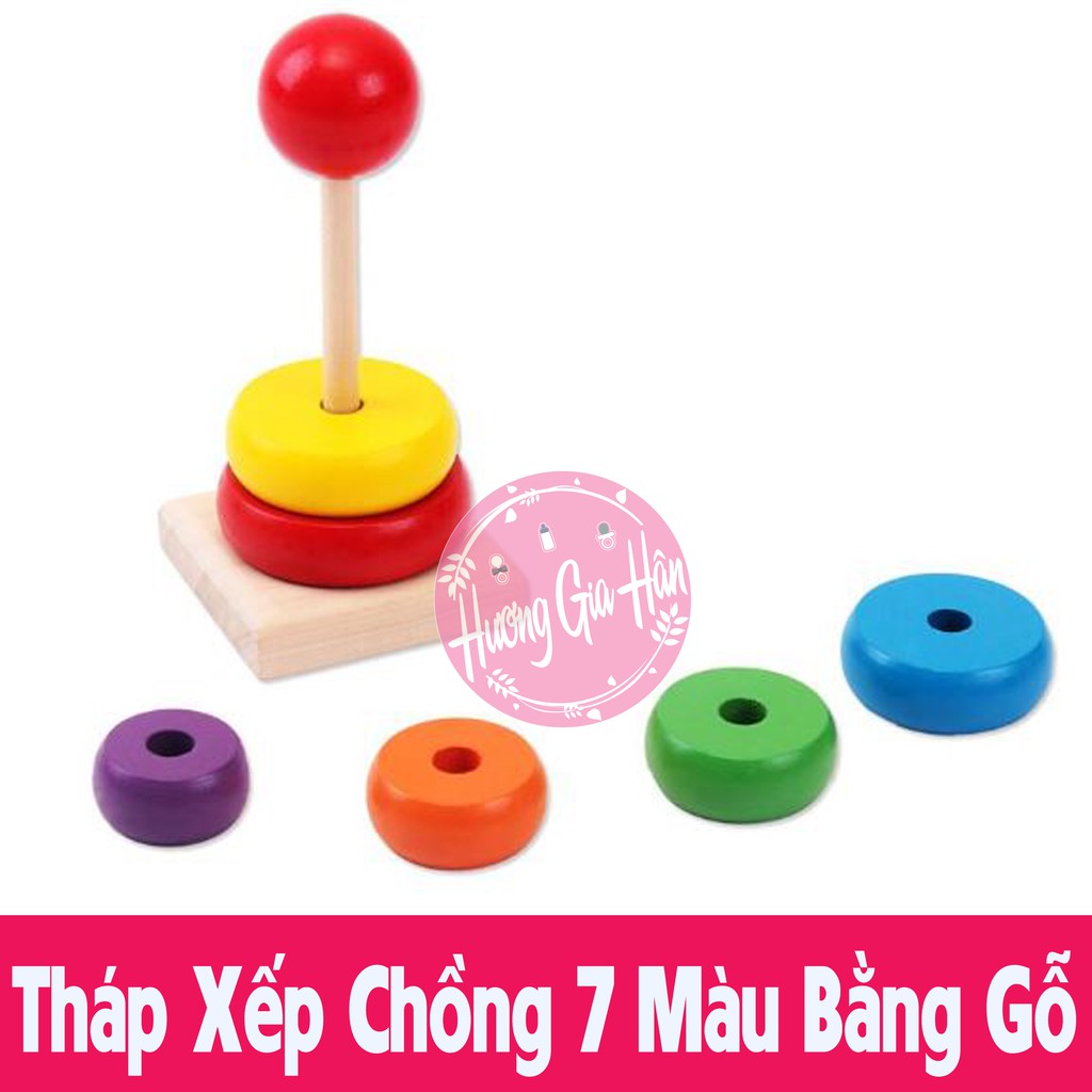 Đồ Chơi Tháp Chồng 7 Màu Bằng Gỗ - Giáo cụ Montessori Giúp Bé Nhận Biết Màu Sắc, Tập Đếm và Sự Khéo Léo