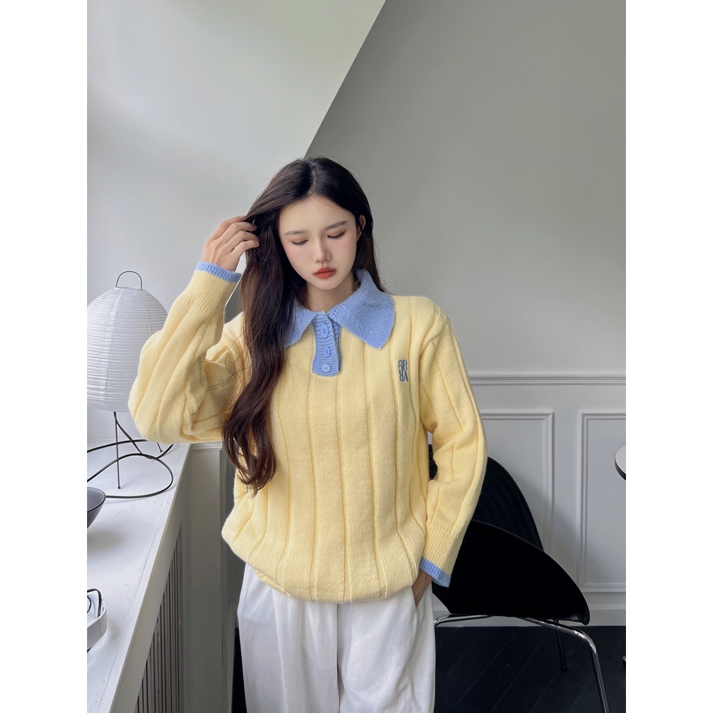 DUNEA Áo Sweater Dệt Kim Form Rộng Phối Màu Xinh Xắn Cho Nữ