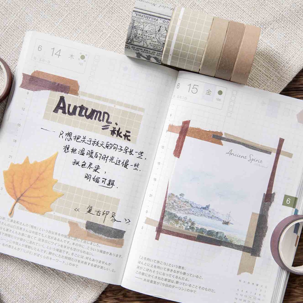 Set 10 Cuộn Washi Tape Vintage Trang Trí Bullet Journal Nhà Cam