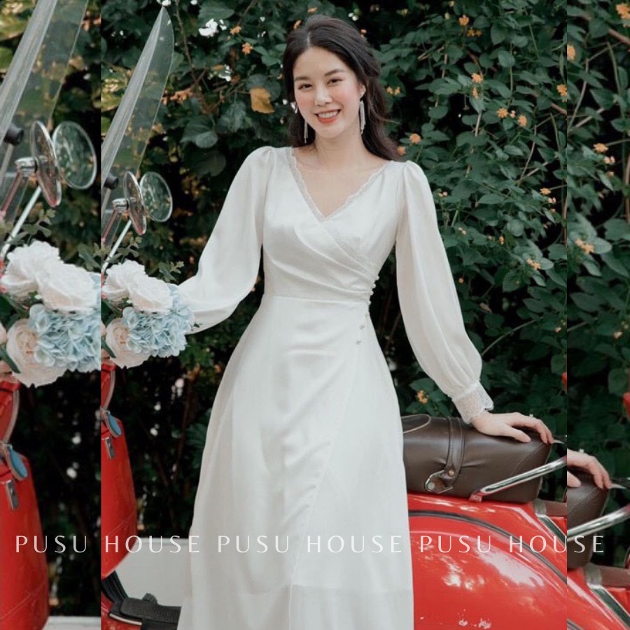 Váy Trắng Dự Tiệc Maxi Dài Tay Phối Ren-PUSU HOUSE