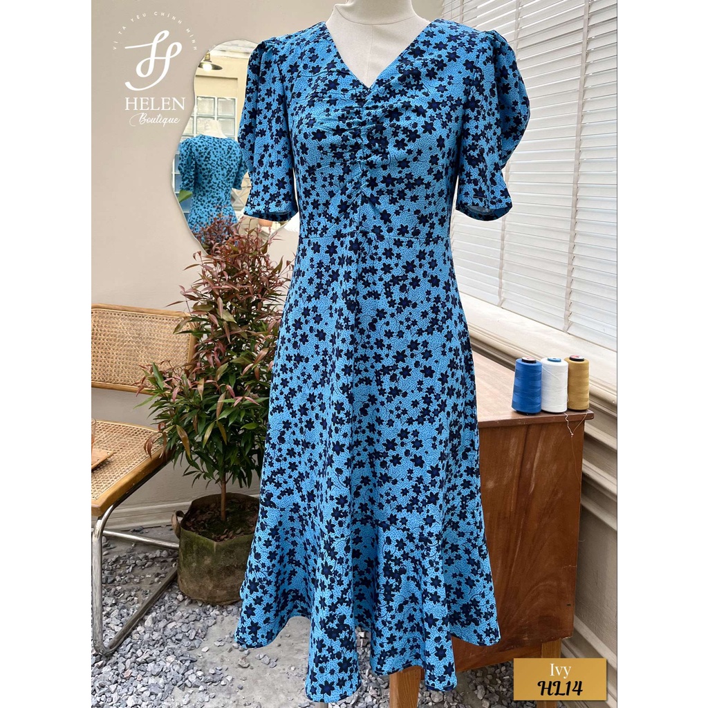 Đầm dài dáng rộng họa tiết hoa sao đen thanh lịch - Trung niên - Ivy Dress - Helen Boutique