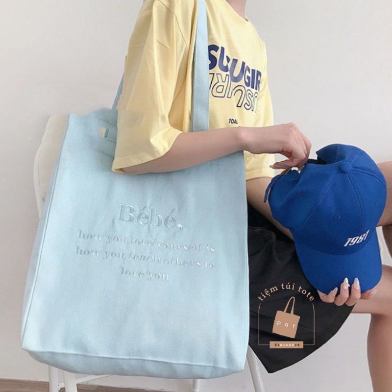 Túi tote vải canvas họa tiết thêu bé bé màu sắc pastel TP7 | tiemtuitotebypat