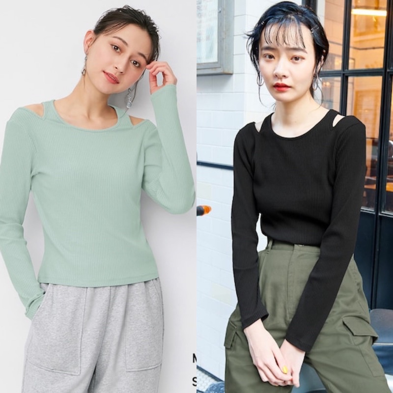 Áo thun tăm nữ dài tay hở vai xinh xắn của GU - Nhật Bản