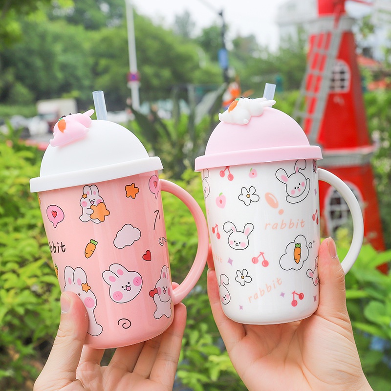 [Hàng mới về] Ly Cốc uống nước có nắp đậy quai cầm hình Thỏ trắng - Ly sứ thỏ dẻo