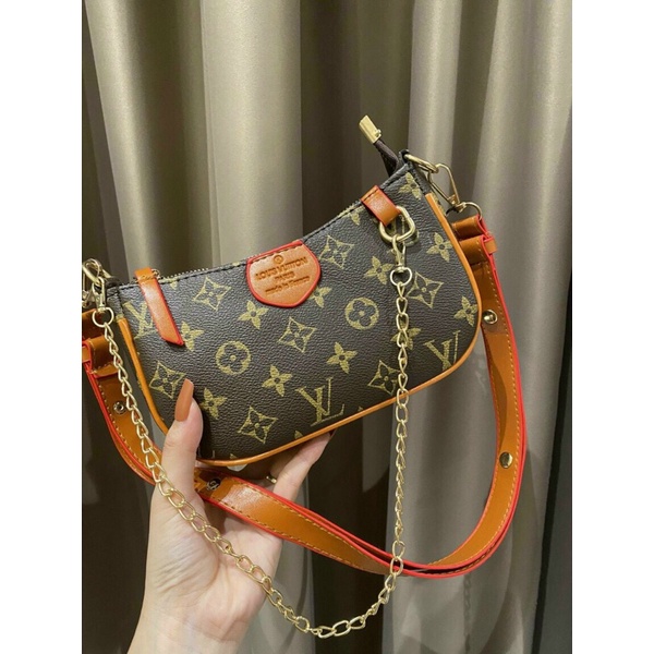 Túi xách kẹp nách in hoạ tiết hoa lv kèm dây đeo chéo size 18cm ảnh thật