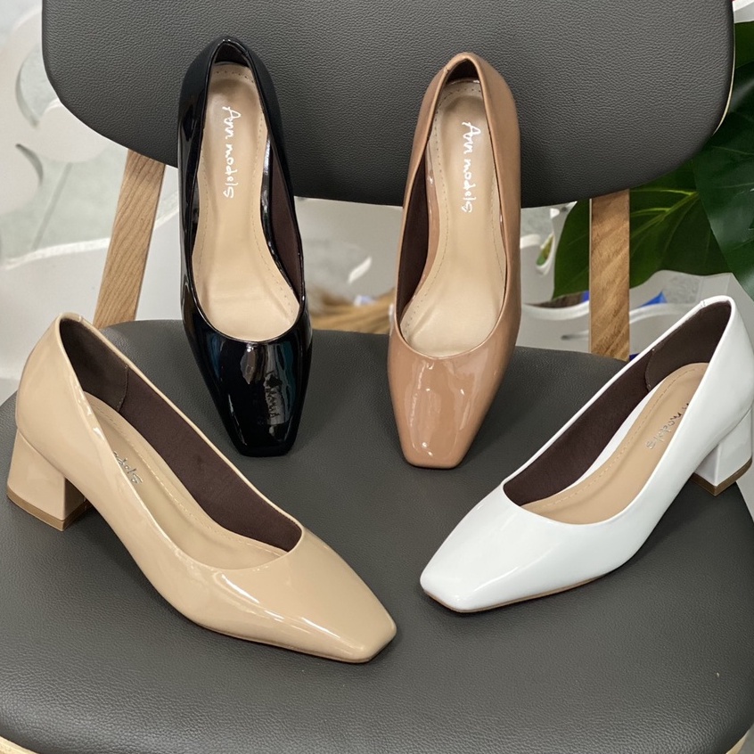 Giày cao gót bít mũi 5 phân mũi vuông Annmodels gót sắt cao cấp chất liệu xi bóng phong cách thời trang_MS A5002GSXB