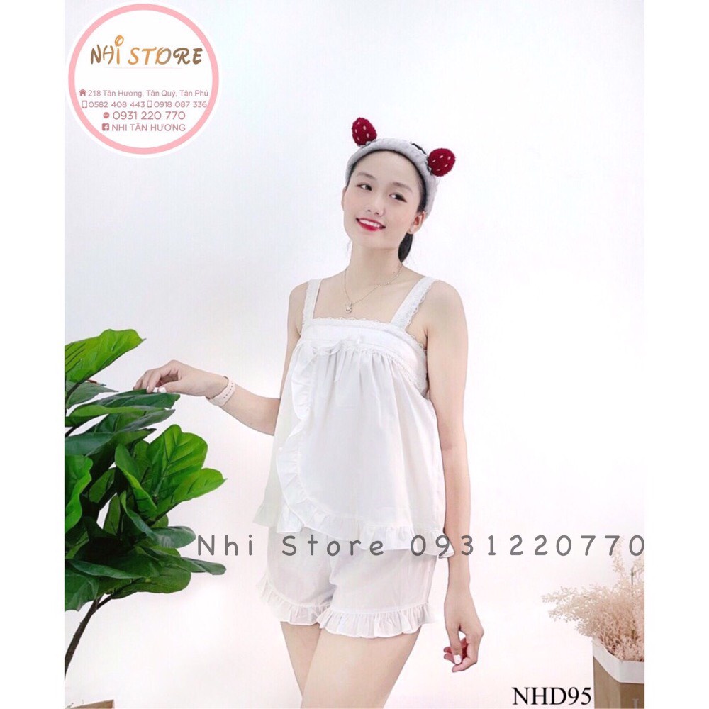 [FREESHIP 50K] Set Bộ Nữ NHISTORE Áo Hai Vai Ren Bản Lá Đắp Quần Ngắn Lai Bèo Vải Xước Gân Bụi Cá Tính 45 - 57 Kg