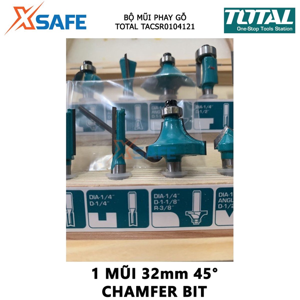 Bộ mũi phay gỗ TOTAL bộ 12 mũi phay soi gỗ Đường kính mũi từ 1/4&quot;(6.3mm)-1/2&quot; (12.7 mm), Gồm 3 mũi thẳng 6mm, 12mm, 16mm