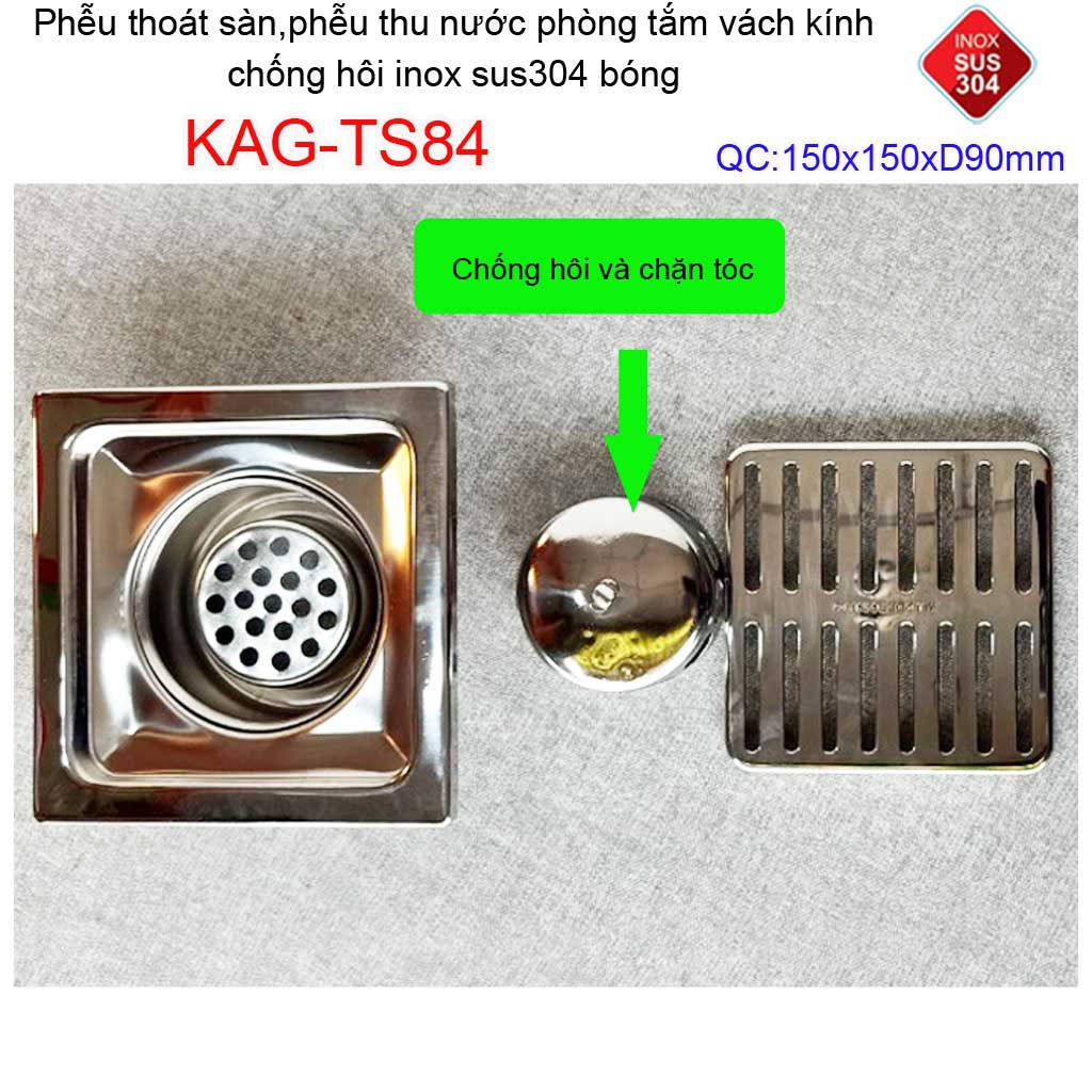 Phễu thoát sàn 15x15cm KAG-TS84(D9cm) inox 304 ga thoát sàn 15x15cm cho ống 90mm, thoát sàn mặt sọc thoát nhanh chặn tóc