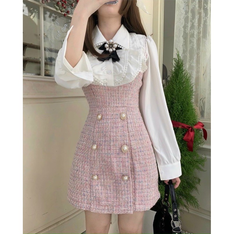 ĐẦM CARO NÚT NGỌC PHỐI CỔ BÈO REN TRẮNG (KÈM TAG HOA) | BigBuy360 - bigbuy360.vn