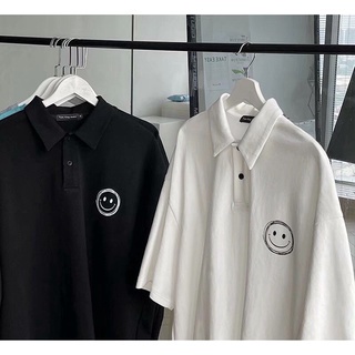 Áo Polo tay lỡ ,Aó polo unisex in hình mặt cười,phong cách Hàn,nam nữ mặc cực chất.