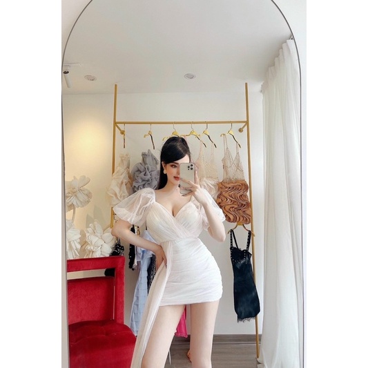 Đầm ngắn body nhũ đắp chéo ngực nhún tà phối lưới Trắng đen đỏ nude Thời trang nữ váy dự tiệc sang trọng sexy hotgirl tk