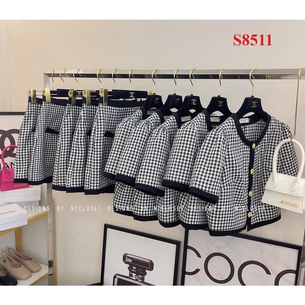 Sét bộ nữ caro phối viền đính nút sang chảnh đẹp không tỳ vết