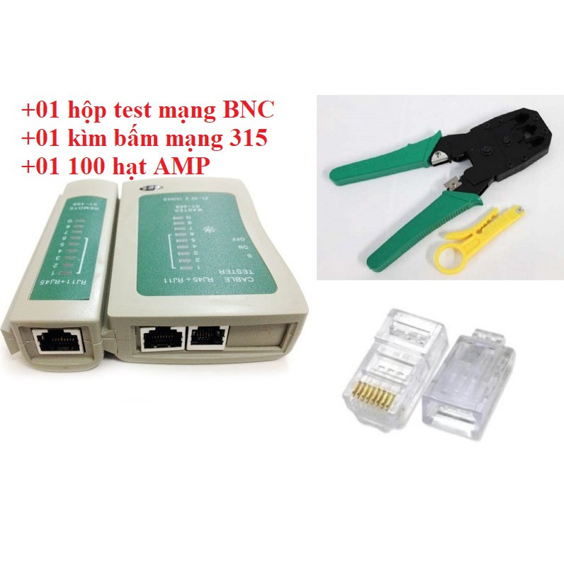 Bộ test mạng đa năng RJ45 + Kìm bấm mạng đa năng xanh + 100 hạt mạng