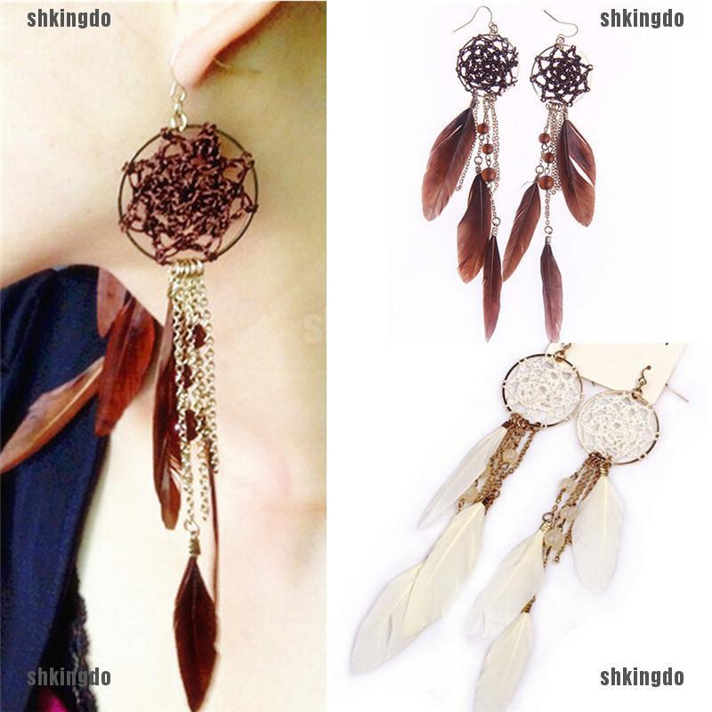Hoa tai dáng dài phong cách Dreamcatcher phối tua rua lông vũ thời trang