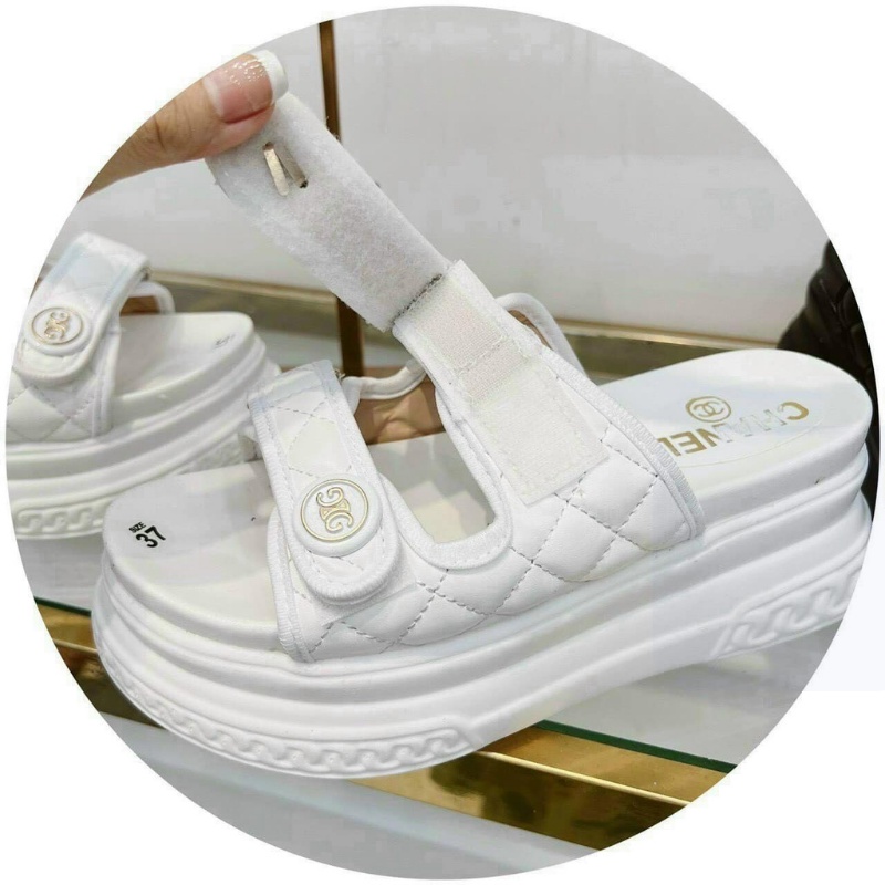 Dép lê nữ độn đế tag Cha.n.ell hách dáng 7 phân hàng Quảng Châu quai dán dễ điều chỉnh Xiaomimi