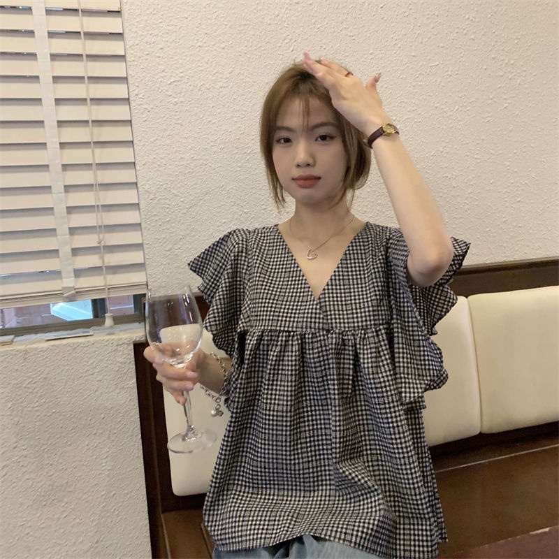 Áo Sơ Mi Tay Cánh Tiên Kẻ Sọc Caro Trắng Đen Dễ Thương Cho Nữ