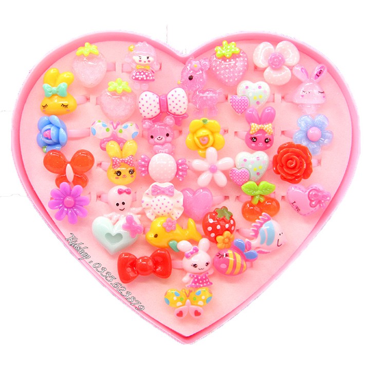 Bộ Nhẫn Nhựa Trái Tim 36 Nhẫn Cho Bé 💝 Hộp Nhẫn Đẹp Mix Các Hình Bông Hoa và Con Vật Siêu Dễ Thương