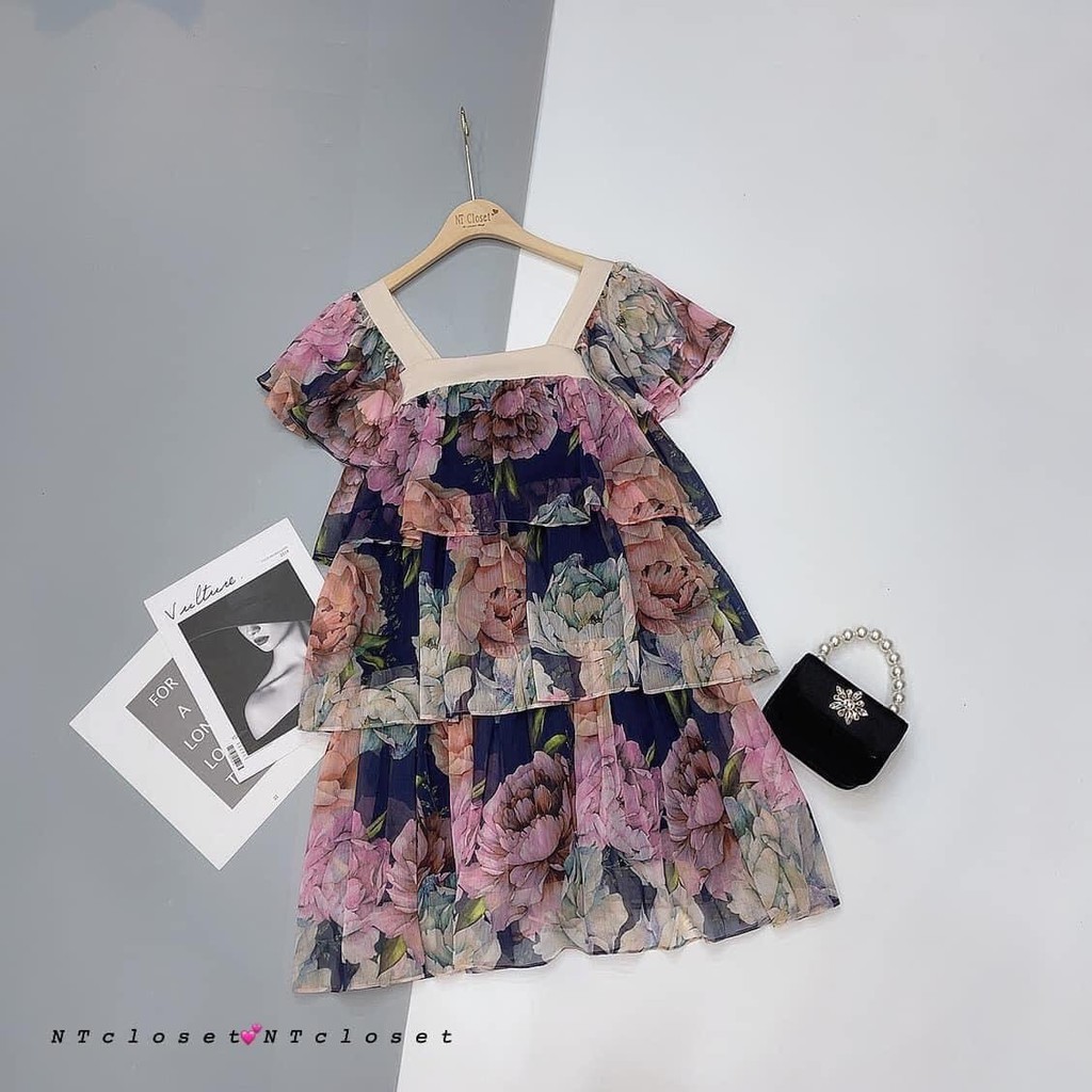 Váy bầu thời trang thiết kế voan 3 tầng hoa hai dây đầm cánh tiên xinh màu tím