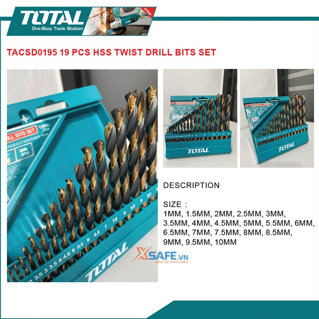 Combo 19 mũi khoan HSS TACSD0195  nhiều size hãng TOTAL chất liệu của mũi khoan là hợp kim thép loại tốt chuyên dụng