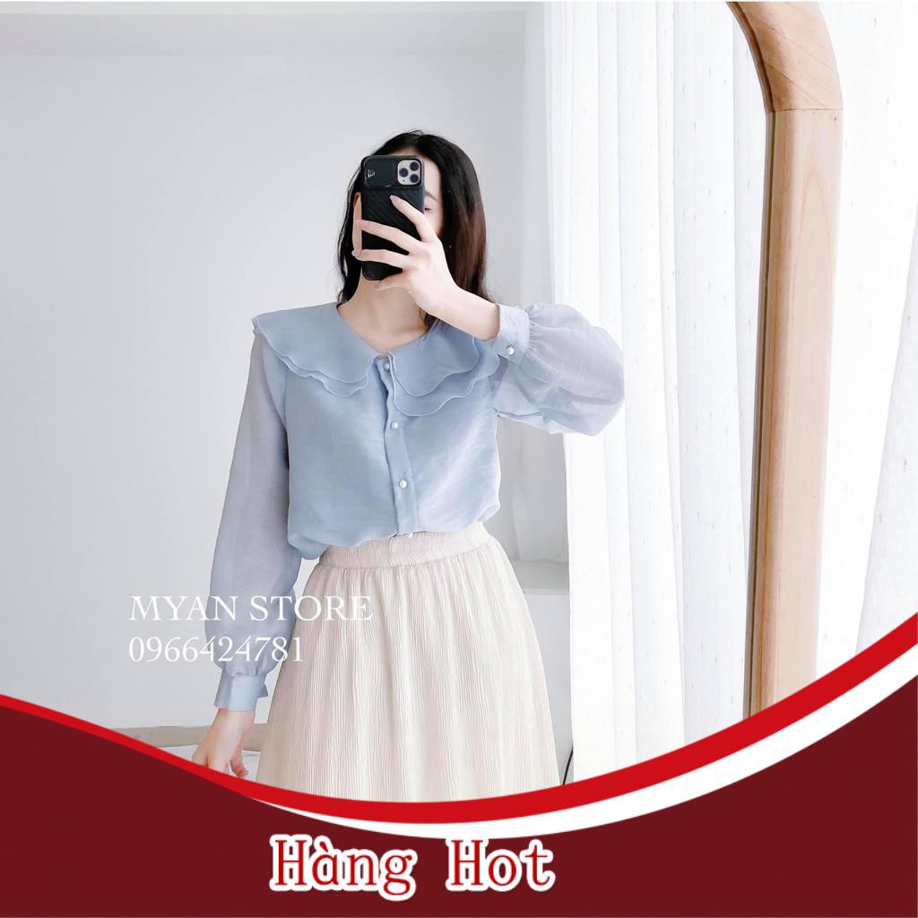 Áo sơ mi dài tay cúc ngọc tơ xước cổ sen nằm 2 lá hàng 2 lớp - áo sơ mi c