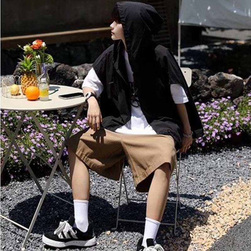 Áo Khoác Tay Ngắn Có Nón Và Dây Rút Màu Trơn Phong Cách Hàn Quốc Dễ Phối Đồ Thời Trang Mùa Hè Cho Nam | BigBuy360 - bigbuy360.vn