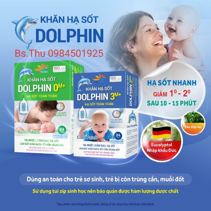 Khăn lau hạ sốt Dolphin 0M+ 3M+ dùng an toàn cho trẻ sơ sinh hộp 24 miếng