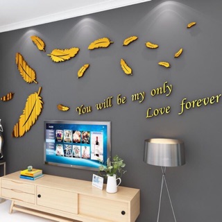 Tranh dán tường mica 3d lông công vàng trang trí phòng khách, phòng ngủ, spa