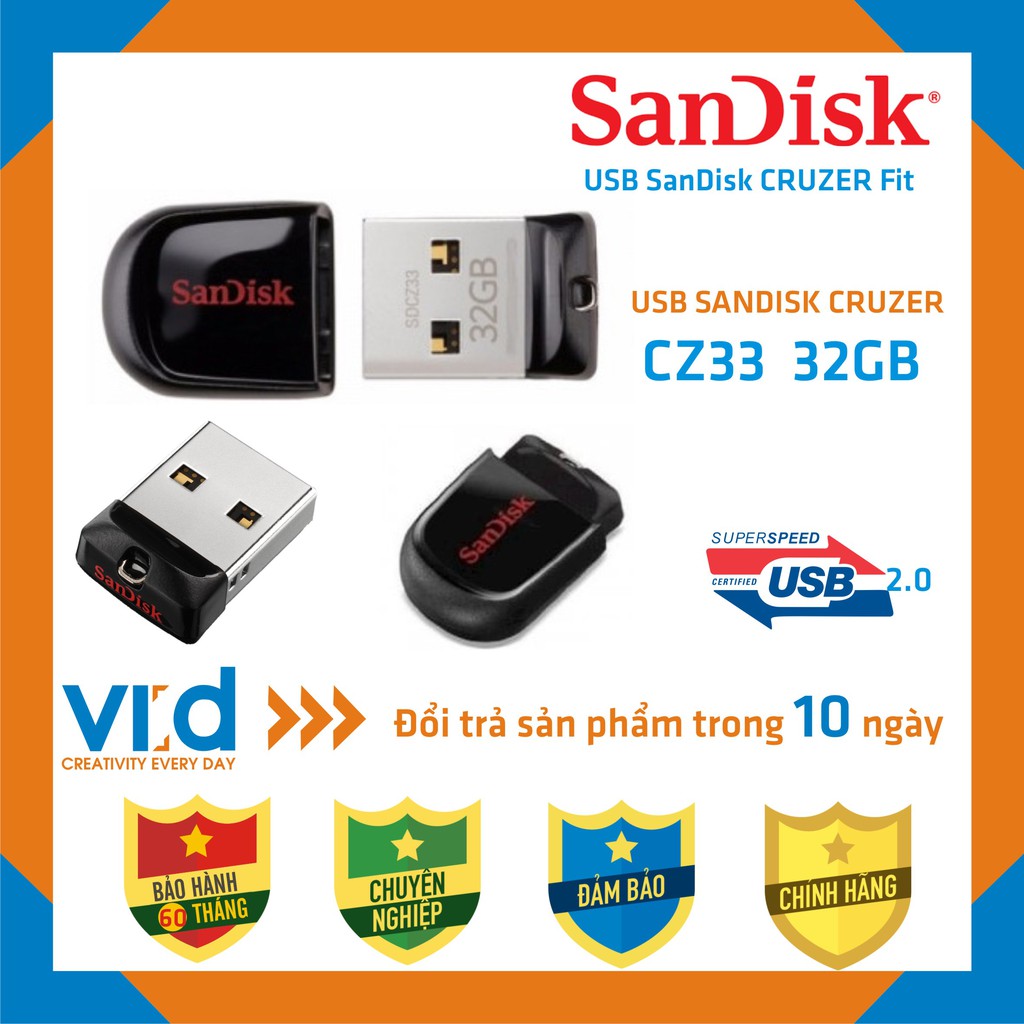 USB SanDisk CZ33 Cruzer Fit 32GB - USB 2.0 - Bảo hành 60 tháng