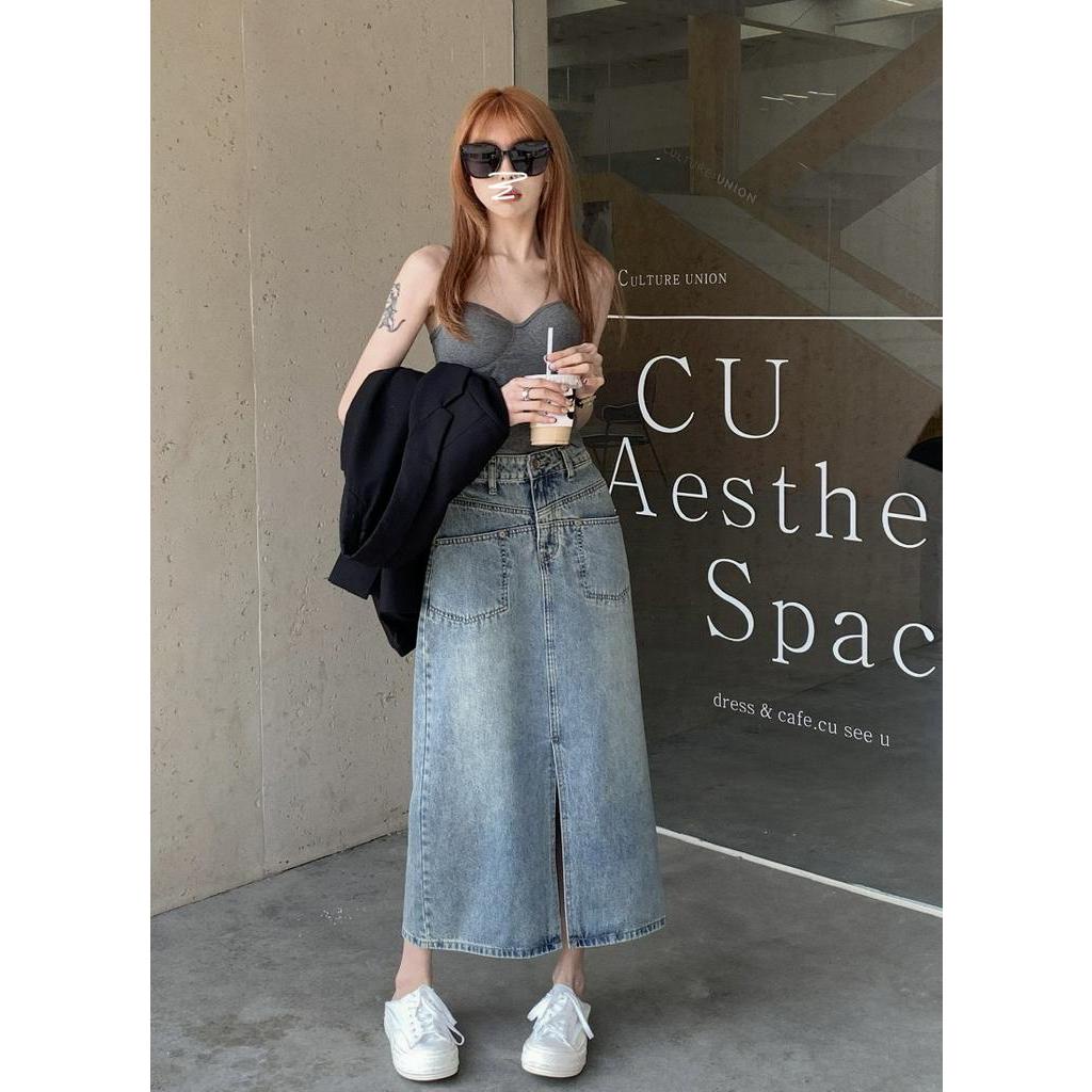 Chân váy jean Lưng Cao Xẻ Tà Thời Trang retro Cho Nữ