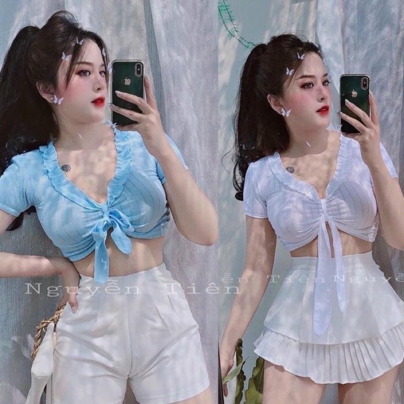 Áo Croptop Tay Ngắn Phối Viền Bèo Cột Nơ (Mặc được 2 kiểu) - AN08