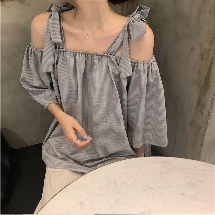 Sơ Mi Nữ Kẻ Sọc Thắt Cà Vạt Ngắn Tay Hở Vai Phong Cách Hàn Quốc Mới