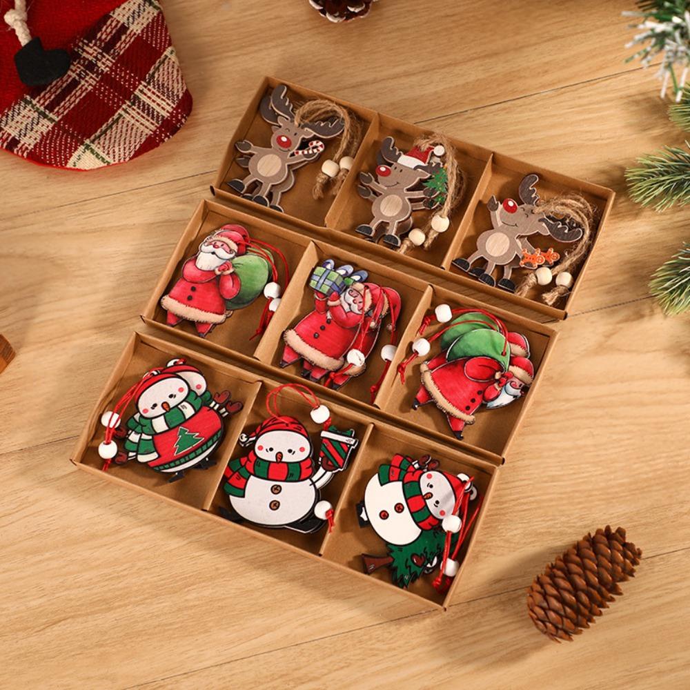 Set 9 Phụ Kiện Treo Trang Trí Giáng Sinh Bằng Gỗ Hình Ông Già Noel Hoạt Hình