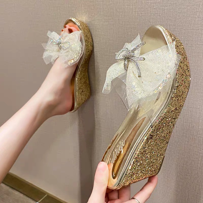 Dép đế xuồng nhũ quai trong suốt đính nơ 8 - 12 cm, hàng cao cấp