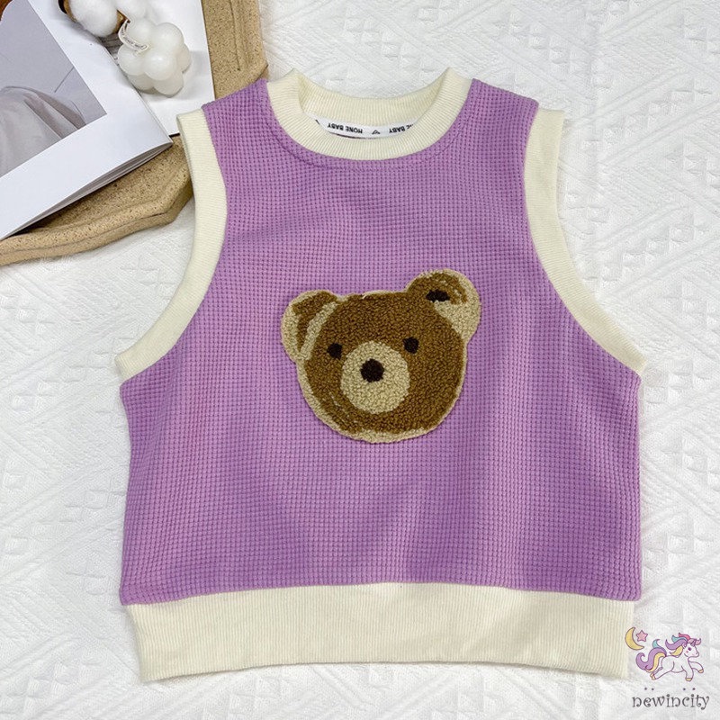 Áo kiểu sát nách thêu họa tiết gấu hoạt hình phong cách Hàn Quốc xinh xắn dành cho bé gái