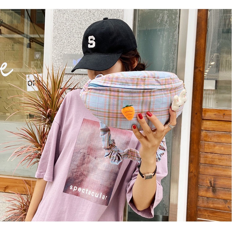 Túi Bao Tử Đeo Chéo Đeo Vai Hoạ Tiết Sọc Caro Dễ Thương Thời Trang Cho Bạn Nữ