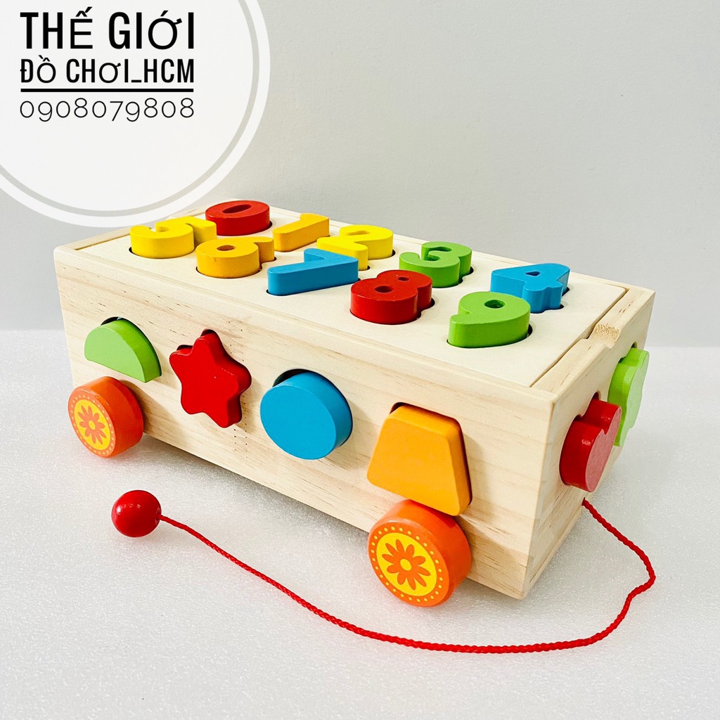 [BỔ ÍCH] Đồ chơi gỗ thông minh MONTESSORI xe kéo thả hình khối kết hợp bảng số đếm, hình khối giúp bé học nhận biết