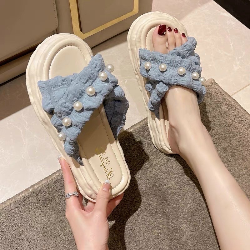 FREESHIP DÉP NỮ QUAI BÈO ĐÍNH NGỌC ĐẾ BÁNH MỲ CAO 3P ÊM CHÂN