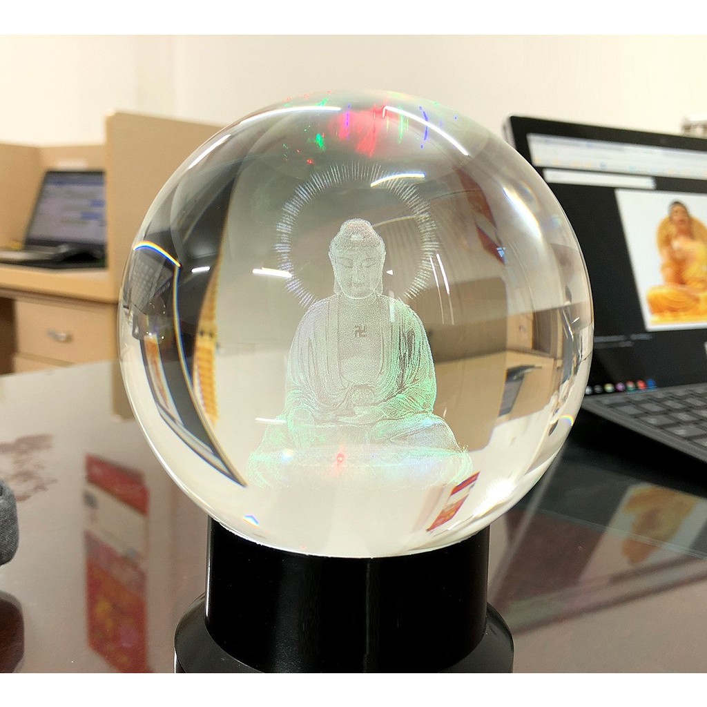 Quả cầu phong thủy pha lê 3D - Phật A Di Đà - Tặng kèm đế gỗ