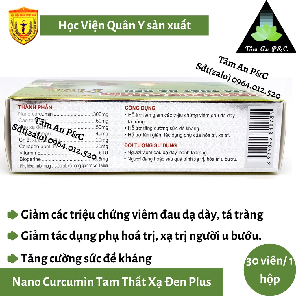 Nano Curcumin Tam Thất Xạ Đen Plus Học Viện Quân Y-Dành cho người Viêm loét dạ dày- tá tràng và ung thư