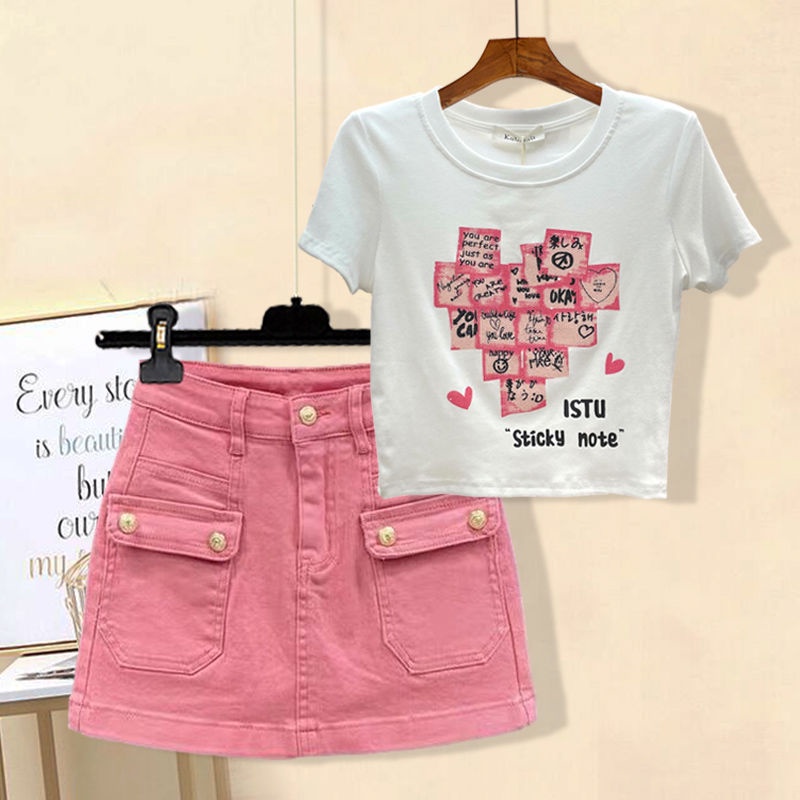 Jiashucheng Set Áo Ngắn Tay Plus Size + Quần Short Denim Lưng Cao Thời Trang Nữ