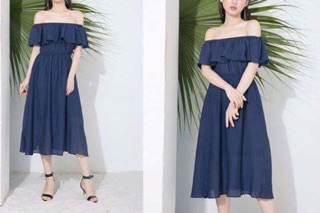 Váy midi trễ vai xanh navy
