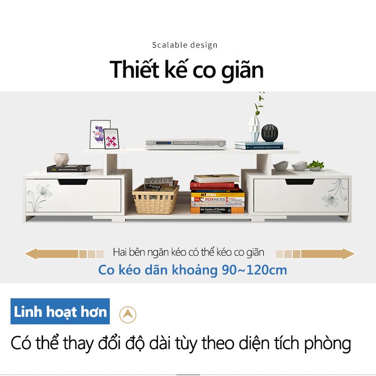 Tủ TV kệ tivi màu trắng có thể co giãn độ dài khoảng từ 90-120cm - ST22