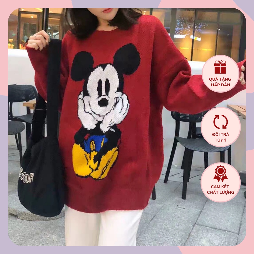 Áo len dáng rộng đôi nam nữ hình Mickey WANAWEAR màu xanh đỏ giáng sinh sweater họa tiết đáng yêu