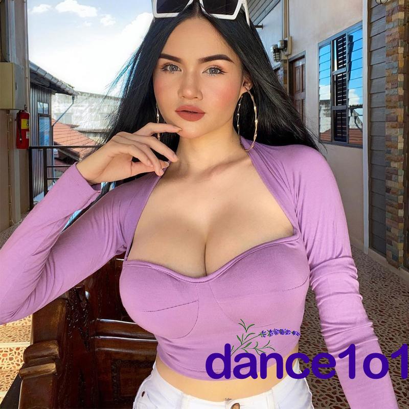 Áo Croptop Tay Dài Cổ Chữ V Màu Trơn