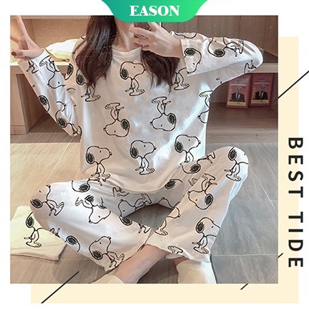 Bộ Đồ Ngủ Tay Dài In Họa Tiết Snoopy Phong Cách Nhật Bản Dễ Thương Cho Nữ