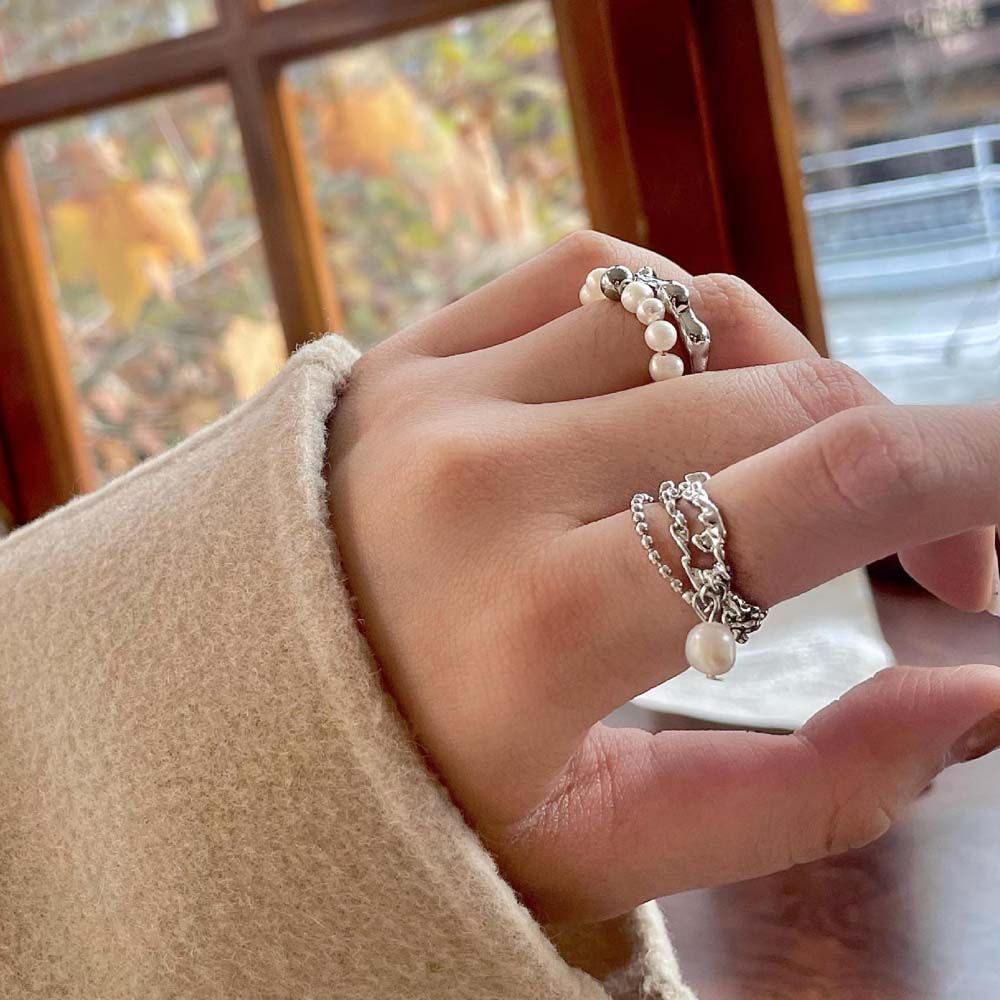 Nhẫn dạng mở đính ngọc trai nhân tạo phối dây xích thời trang sang trọng cho nữ