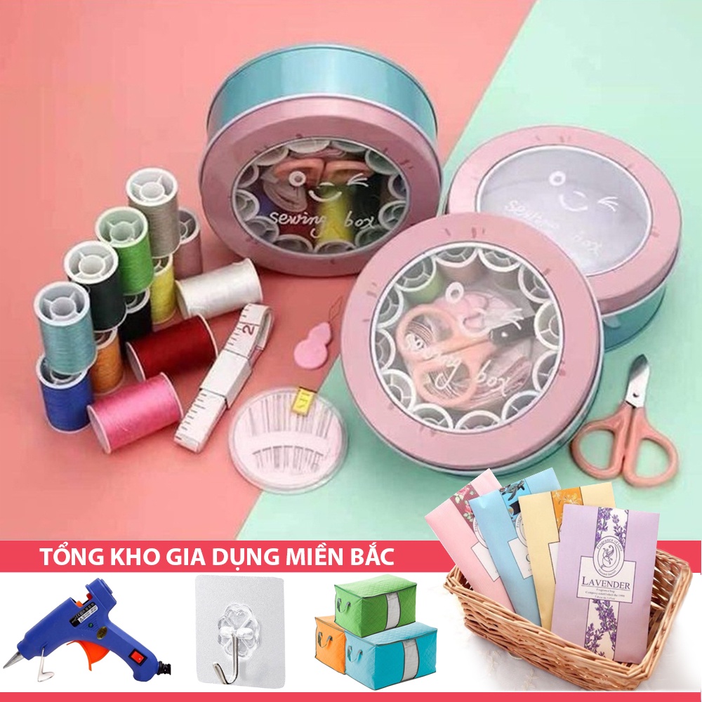 [Hàng Nhập Khẩu] Bộ Hộp Kim Chỉ May Vá HỘP NHÔM TRÒN Đầy Đủ Gia Đình - Kim Khâu, Chỉ, Kéo, Thước Dây