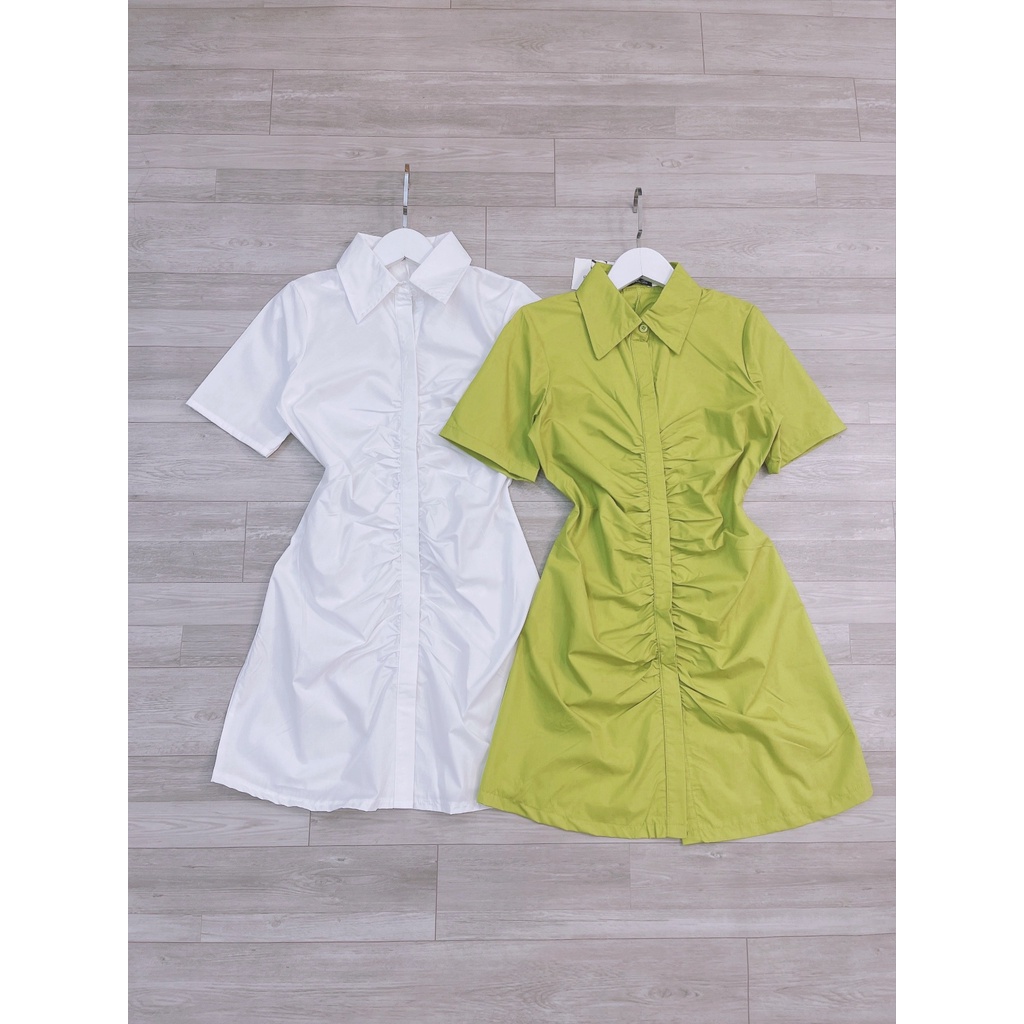 Váy sơ mi dúm trước đầm nhún cổ somi 2 màu -MINXY SHOP